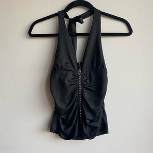 Gorgeous Black Halter Top with Rhinestone and Rushing Detail